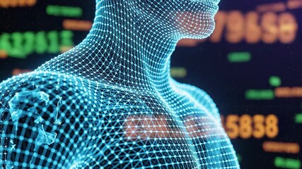 Digital wireframe human body with glowing blue lines and data numbers in the background. - Powered by Adobe