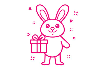 Pink bunny character smiles while carrying a gift box on a white background