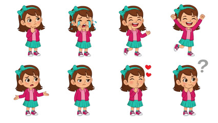 Cute Little Girl Character Full Set of Emotions and Expressions: Happy, Sad, Crying, Thinking, Confused, and Cheering Child Gestures