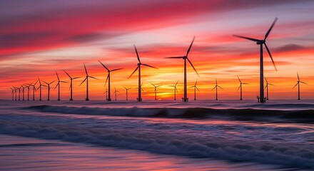 Offshore Wind Farm Turbines at Dramatic Ocean Sunset