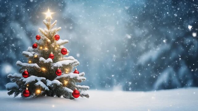 Christmas tree in snow with falling snow Christmas background. MP$ video. AI