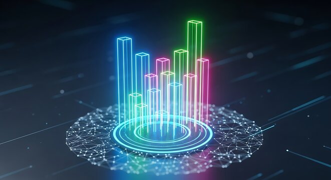 Abstract glowing neon bar chart rising from a digital circuit board