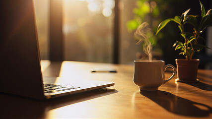 Warm and soft-focused scene of a steaming cup of coffee on a minimalist desk illuminated by golden morning sunlight, evoking calm, comfort, and slow-living vibes.