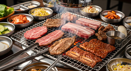 Korean BBQ Table with Grill and Side Dishes – 8K Realistic