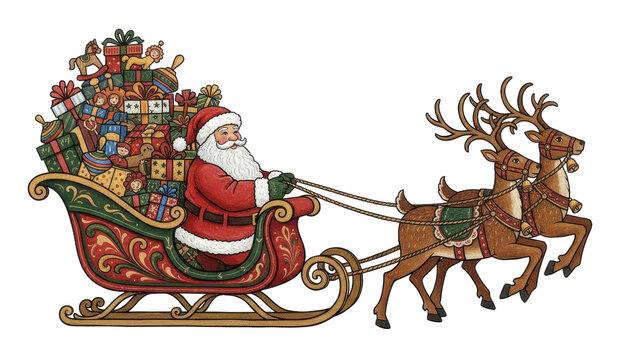 Santa Claus in Sleigh Pulled by Reindeer Filled With Christmas Gifts - Powered by Adobe