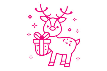Pink line drawing displays a reindeer holding a gift, surrounded by stars on white