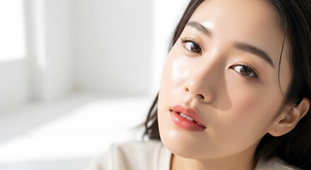 Close-up Portrait of Young Asian Woman with Natural Glowing Skin.