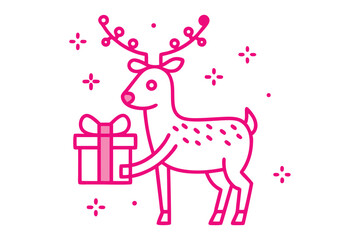 Pink outlined reindeer gracefully presents a gift amidst shimmering starbursts against a clean backdrop