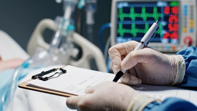Doctor or nurse in medical gloves writing on a clipboard in a hospital intensive care unit with a patient and vital signs monitor in the background.