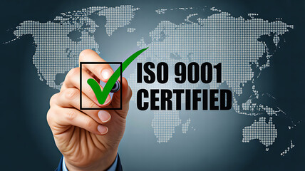 ISO 9001 certified quality management concept with green check mark and global map for international standards