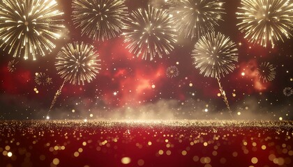 Spectacular gold fireworks bursting against a dramatic, dark red, smoky night sky with glowing particles and glittering foreground. Ideal for New Year's Eve and festive events.