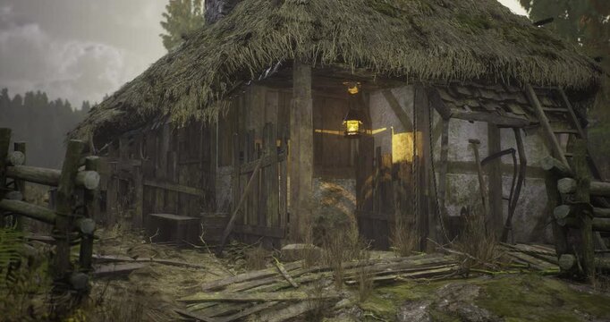 A cozy thatched cottage stands in a serene forest, its warm glow spilling out from the door. Surrounding it are rustic tools and remnants of nature, creating a peaceful yet mysterious atmosphere.