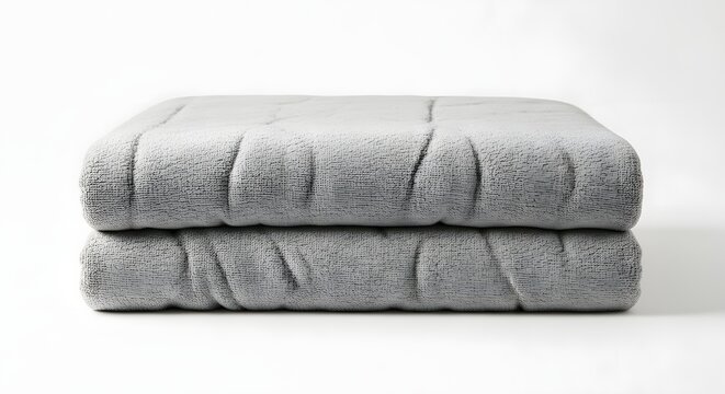 A neatly folded stack of two gray textured towels against a plain white background in a studio shot