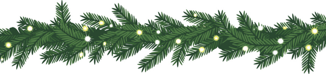 Christmas pine garland illustration with glowing string lights and layered needles in festive black vector style