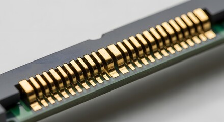 Close up of a computer connector with gold pins showing the detail and precision of the technology