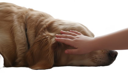 Close Up of Child's Hand Petting a Golden Retriever Sleeping on a Rug
