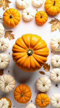 Overhead arrangement of orange pumpkins and white gourds with metallic leaves on a clean white backdrop for fall and seasonal use.