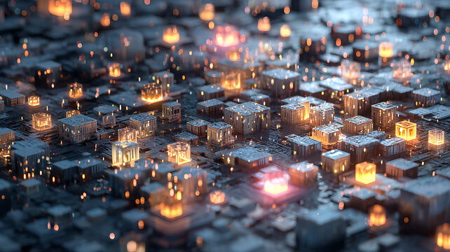 Abstract 3D digital network of illuminated cubes and circuits, signifying data, technology, and connections