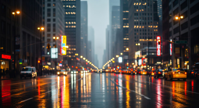 A blurred (bokeh) view of a city street at night, with traffic lights and car lights reflecting on the wet pavement. Ideal for urban or moody backgrounds.