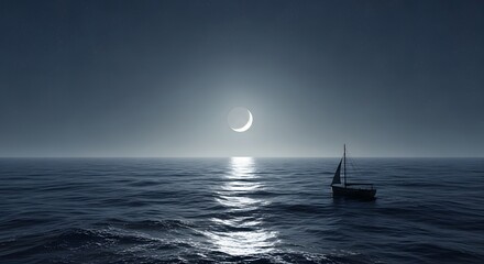 A serene scene of a sailboat on calm ocean waters under a crescent moon with a clear sky and gentle reflections on the water surface