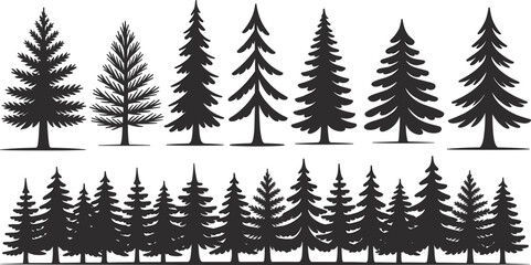 Obraz premium Coniferous tree silhouette set with pine and fir shapes, plus dense forest scene in black vector style