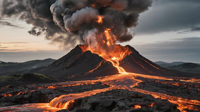 A stunning view of a volcano eruption shows flowing lava and dense smoke billowing against a dramatic sky