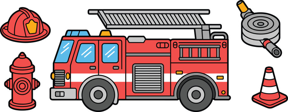 Firefighting gear illustration set with fire truck, helmet, hydrant, hose, cone, and nozzle in cartoon vector style
