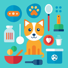Cute cartoon dog surrounded by pet care and grooming supplies flat design