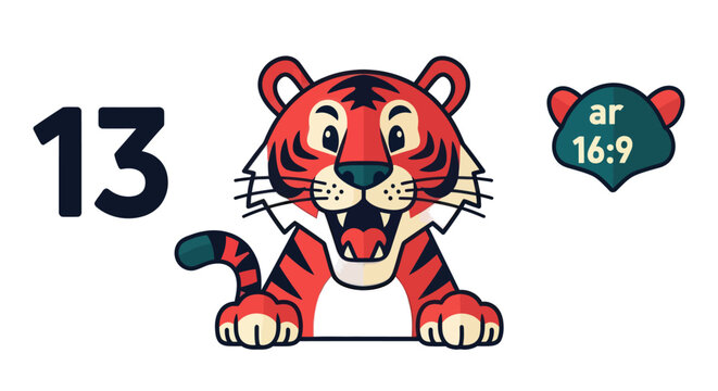 Cute cartoon tiger peeking over a white surface with a happy expression.