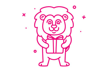 Outlined pink lion character is holding a present, surrounded by minimalist shapes, on white