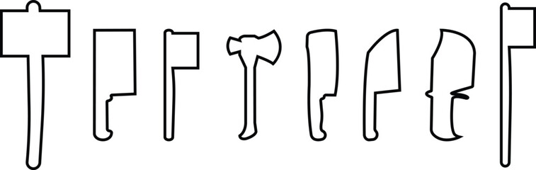 Axe, Hammer, and Knife Icon Set, Collection and Group of Sharp Tool, Weapon, and Blade Symbols, Black Line Vector Battle Equipment, Woodcutting Tool, and Metal Armory Design