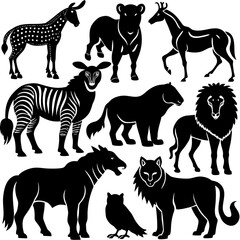 Obraz premium Collection of stylized black silhouette safari animals and wildlife creatures