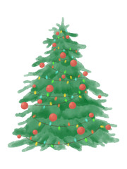 Richly decorated Christmas tree with red ornaments and multicolor string lights, watercolor vector. Part of a Christmas tree illustration set.