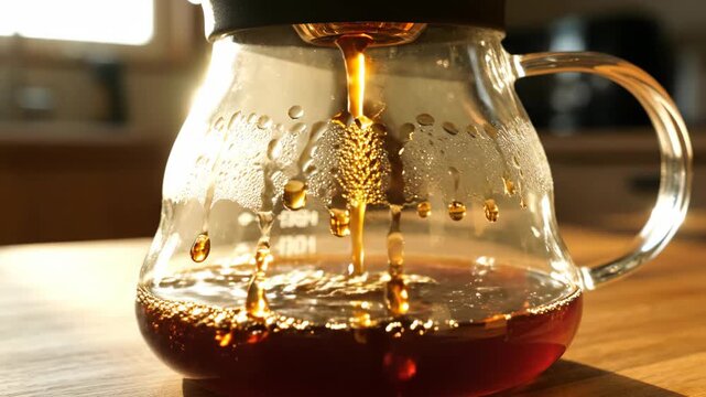 Sunlit Morning Ritual: Freshly Brewed Coffee Dripping into a Glass Server with Golden Light