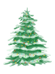 Watercolor snowy evergreen with warm string lights, festive vector on white. Part of a Christmas tree illustration set.