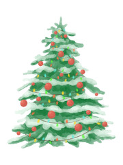 Festive large Christmas tree with warm garlands and red baubles, watercolor vector on white. Part of a Christmas tree illustration set.