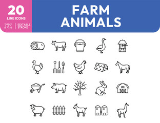 Farm Animals and Objects A Collection of Line Icons Depicting Rural Life
