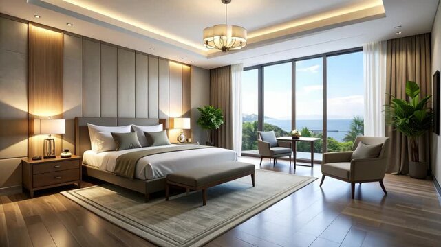 Luxury hotel suite showcasing a king size bed, upholstered headboard, chandelier, and a beautiful ocean view framed by large windows.