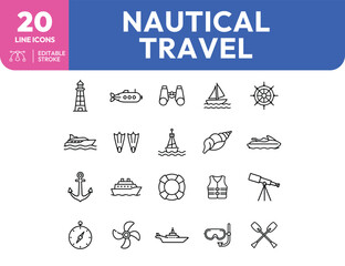 Nautical Travel Line Icons Lighthouse Submarine Sailboat and More © Deezora