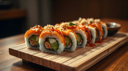 Fresh Japanese salmon sushi rolls, a gourmet seafood meal or appetizer on a white plate.	