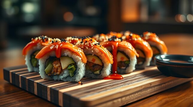 Fresh Japanese salmon sushi rolls, a gourmet seafood meal or appetizer on a white plate.