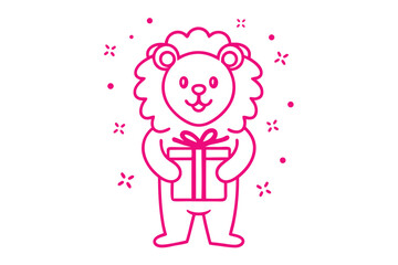 Pink lion outlined character holds the gift box between its hands on a white backdrop
