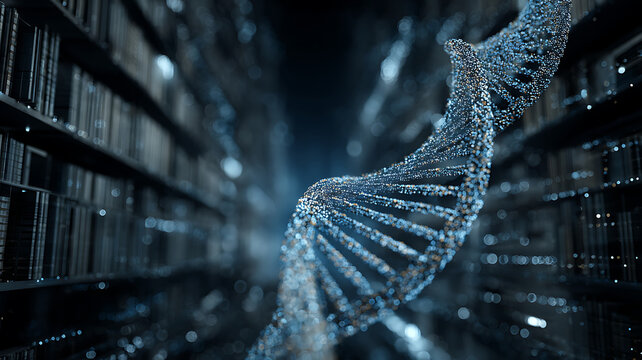 Abstract Blue DNA Double Helix in a Blurred Sci-Fi Environment