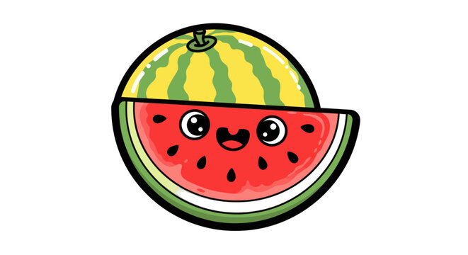 Cute cartoon watermelon slice with happy face and seeds.