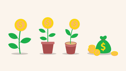 Money Growth Concept with Coin Plants and Savings Bag Flat Illustration.