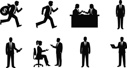 Business silhouette illustration, office teamwork vector, professional meeting graphic, corporate discussion art, finance presentation design, workplace communication, digital work concept