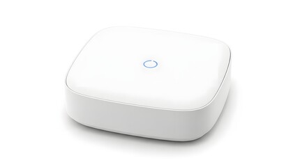 A white square device with rounded edges and a blue circle on top on a white background in a studio shot
