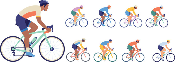 Road cyclist illustration set with diverse outfits, helmets, and bike designs in colorful vector style
