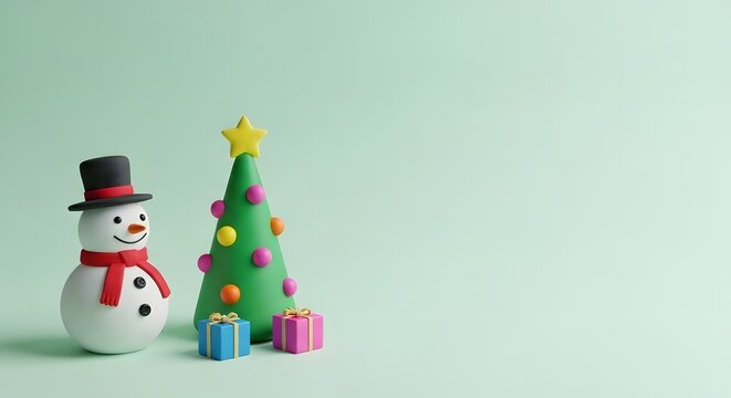 Festive snowman, christmas tree, and gifts on a pastel green backdrop