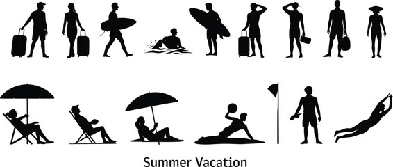 Summer vacation silhouette set with surfing, swimming, diving, beach lounging, and travel poses in black vector style